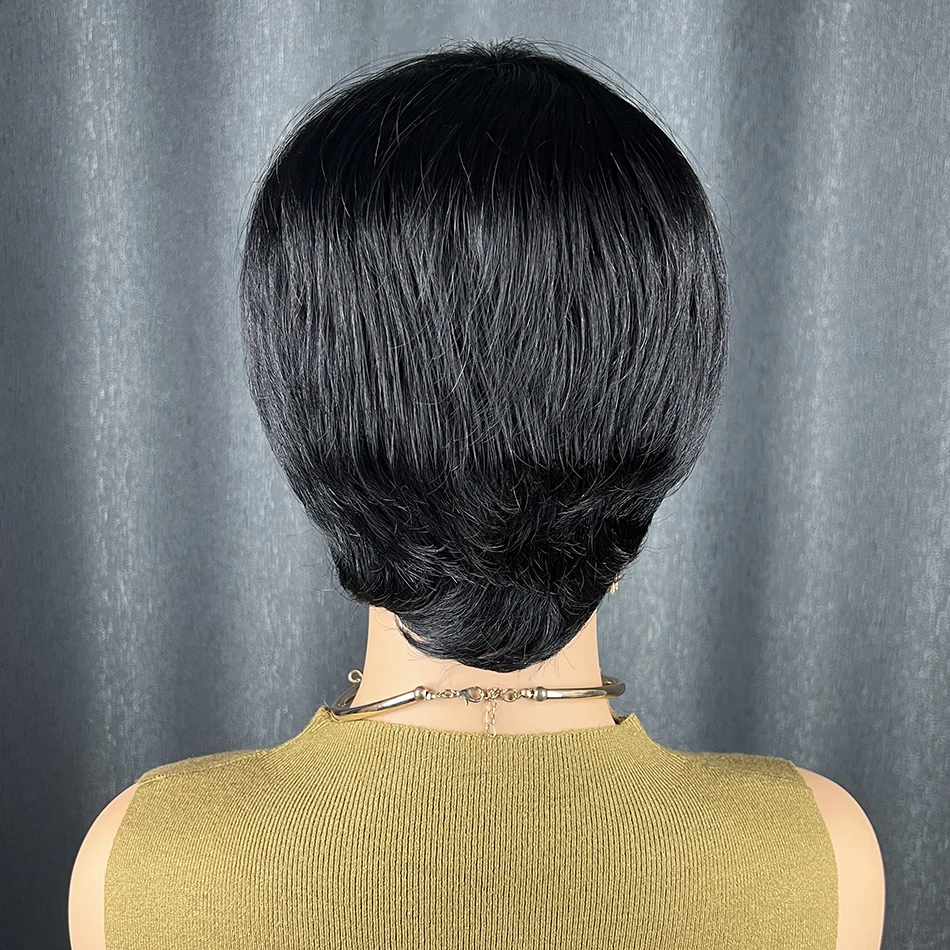 ショートレイヤードピクシーカット人毛ボブウィッグ、フルマシンメイド100%人毛ウィッグ、前髪付き、女性用、ブラックレミーストレートウィッグ