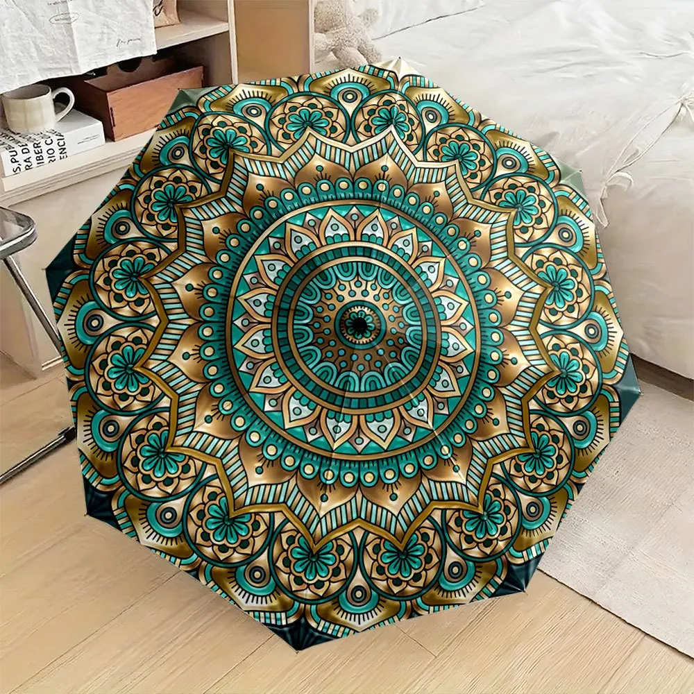 

Автоматический складной зонт с изысканным дизайном в виде бирюзово-золотой мандалы. Портативный складной дизайн, повседневный аксессуар для активного отдыха.