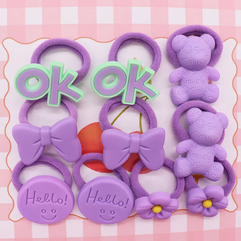 2Pcs/Set Purple Flower Bowknot Bear Smile Hair Accessories Baby Nylon Headband Children's Elastic Bands For Girl Scrunchies