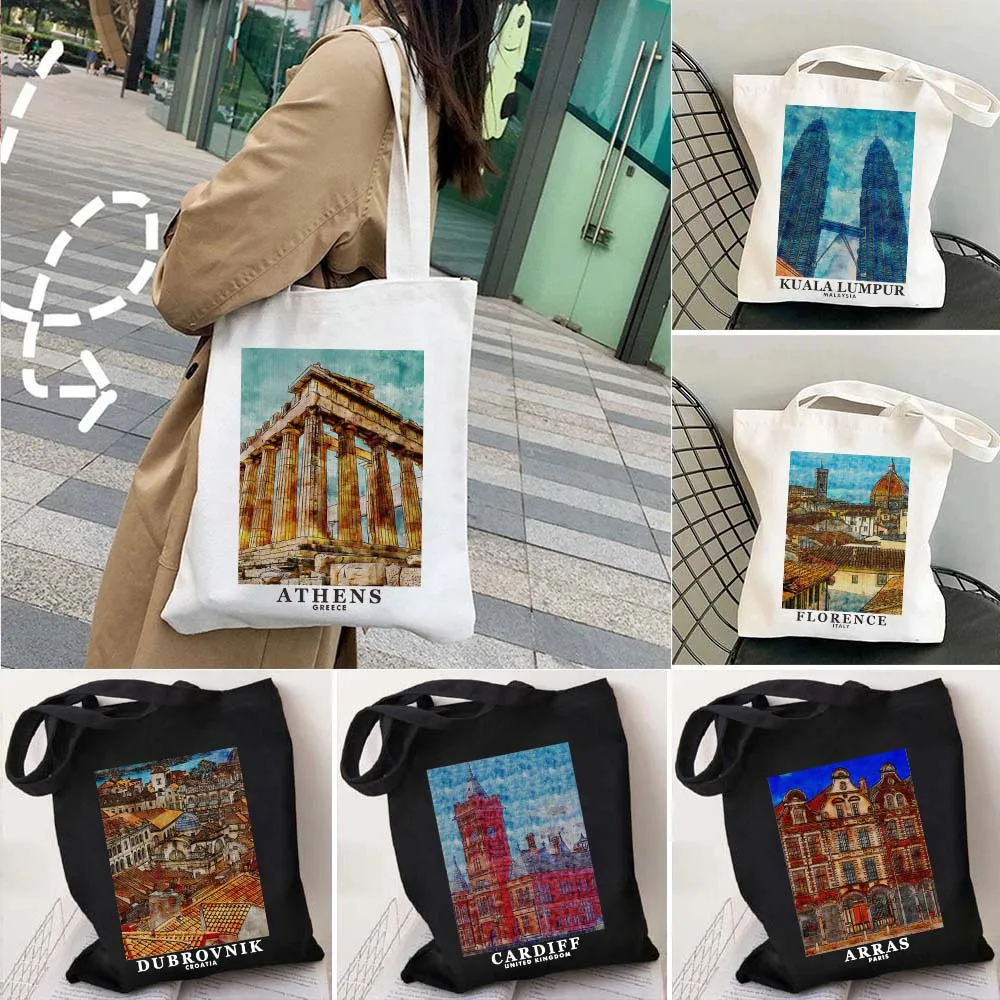 Amsterdam New York Munich Florence Rome Budapest Santorini Vatican Venice Athens Architectural Painting Canvas Tote Bag Handbags