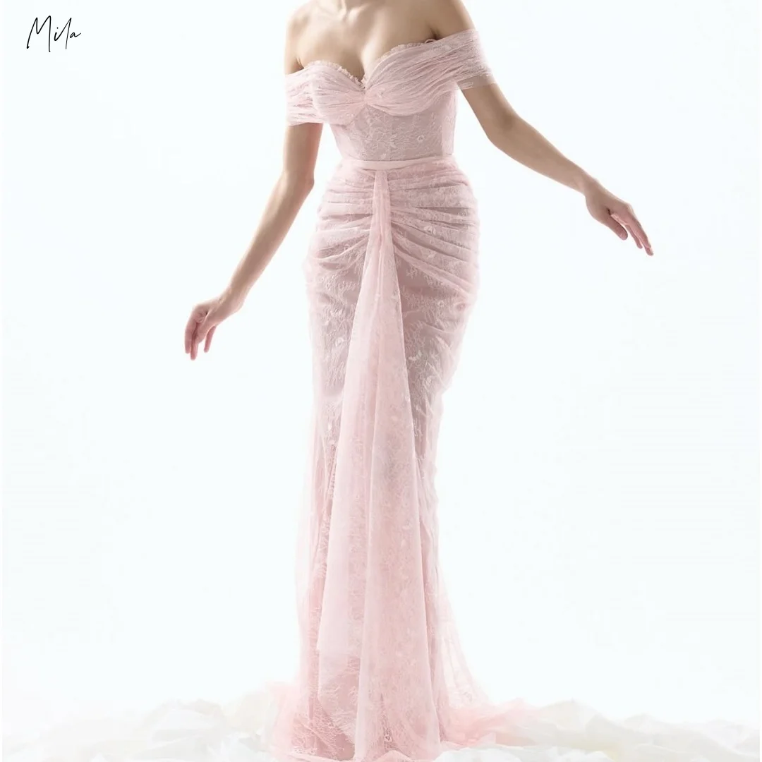 

Mila Blush Pink Off Shoulder Prom Dresses Lace Ruched Draped Mermaid Sweep Train Customized Formal Evening vestidos de gala 2026