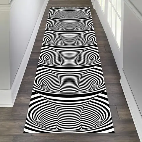 Black and White Striped Runner Rug Visual 3D Vortex Carpet Porch Foyer Fully Carpeted Home Bedside Hallway Mat
