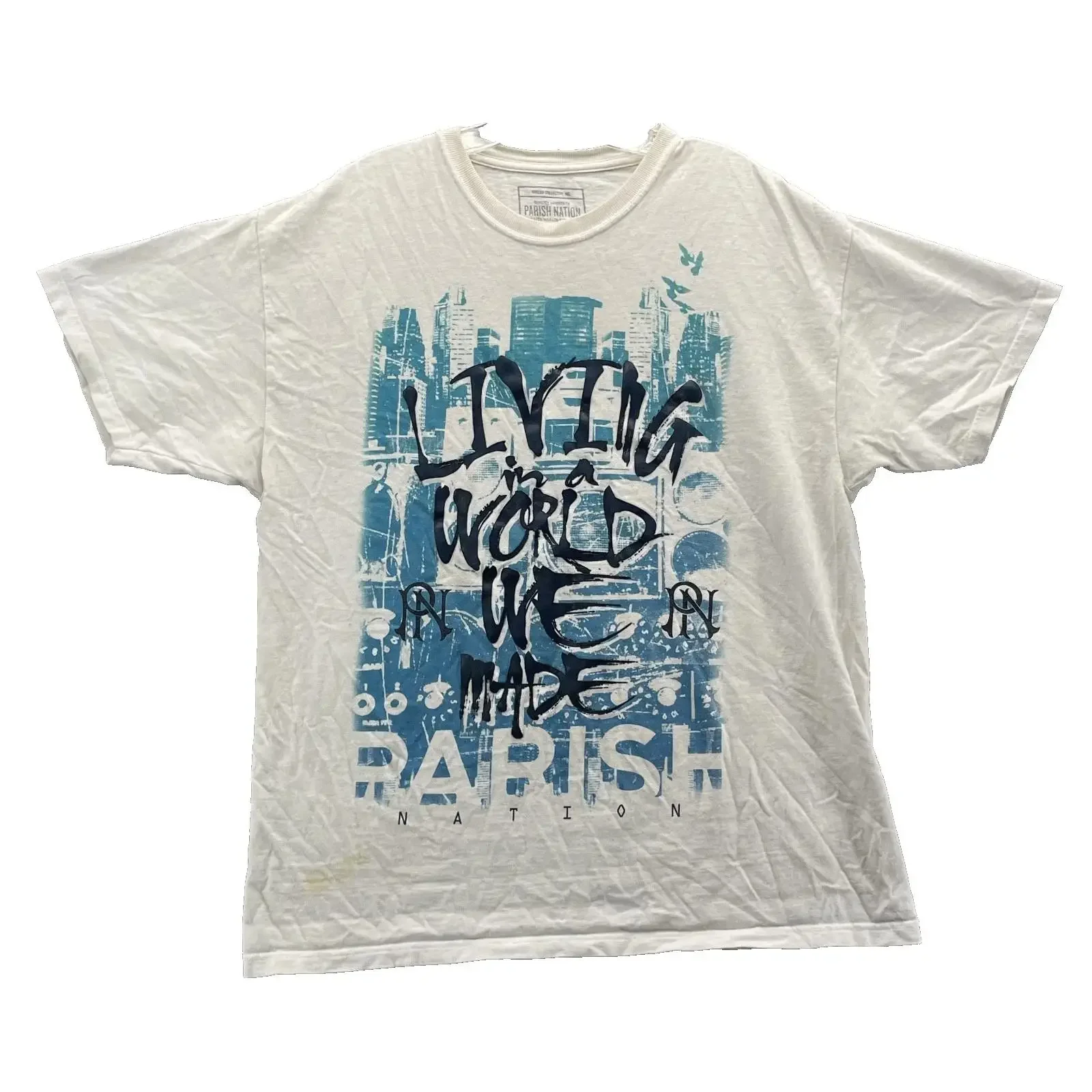 Parish Nation T Shirt Men's Large White 3D Gorpcore Camping Hiking Skate vintage Washed Breathable Stretched homme
