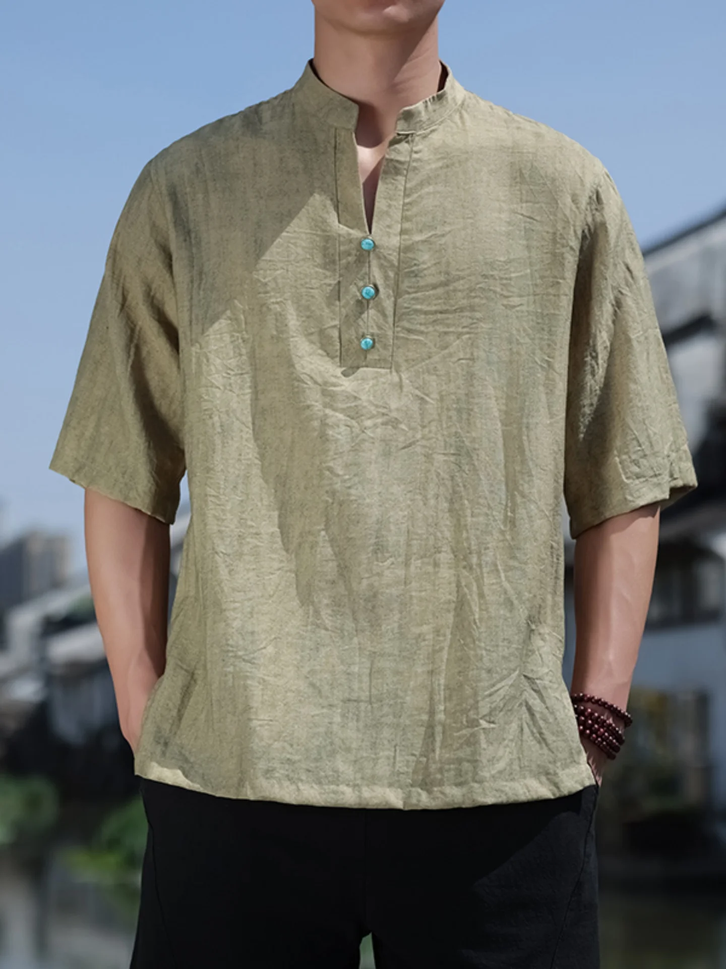 

New Chinese Sle Retro Dyed Cotton Linen ort Sve irt Men's V-ne Breathable Sweat Absorbent Slim Fit Faion Urban