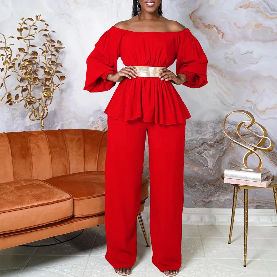 C8535p Women's Outfit With Belt, Off-shoulder Long Sleeve Top And Loose Wide-leg Pants Set Birthday Dress Robe Bandage Outfits