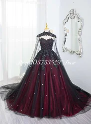 Gothic Black Red Wedding Dress Elegant Tulle Beaded Embroidery Applique A-line Bridal Long Dress with Shawl abendkleid