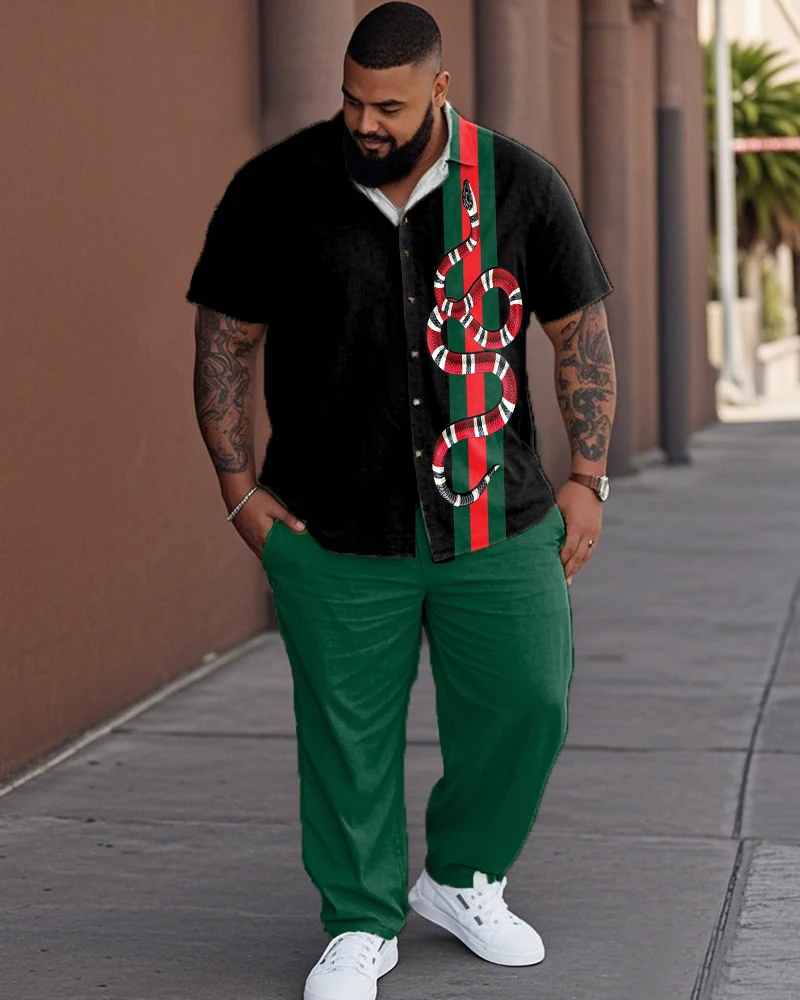 

S-9XL Мужская повседневная рубашка больших размеров с контрастным змеиным принтом и брюки, комплект из 2 предметов, летняя свободная одежда, большая высокая одежда