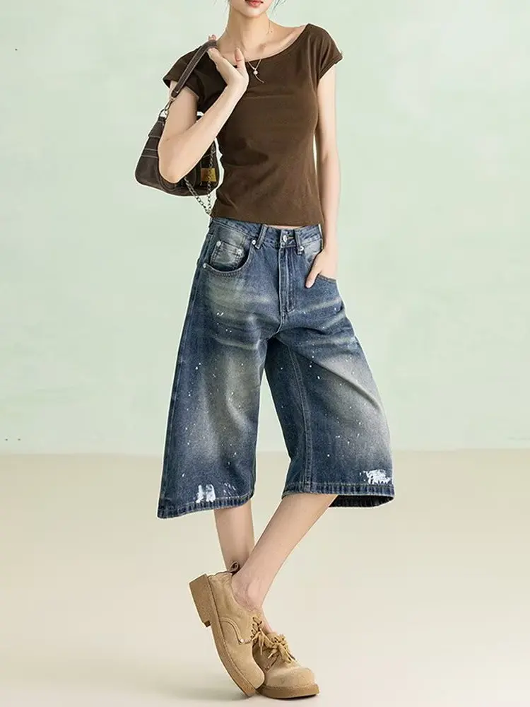 American Retro Splashed Ink Seven-Foot Jeans Women Summer plus Size High Street Slim Loose Wide Leg 7-Foot Medium Pants