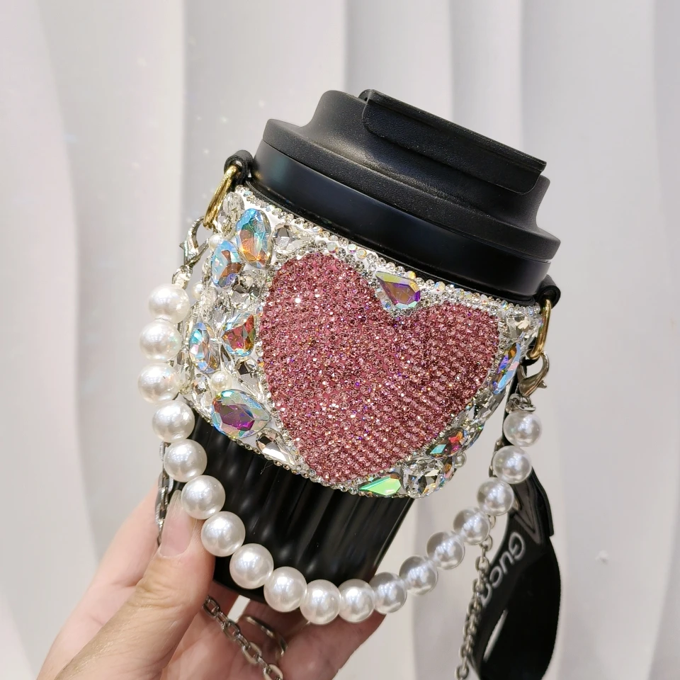 Love Heart Diamond Thermos Mug Hand-inlaid Rhinestones Pearl Chain Handheld Stainless Steel Vacuum Flask Coffee Water Bottles