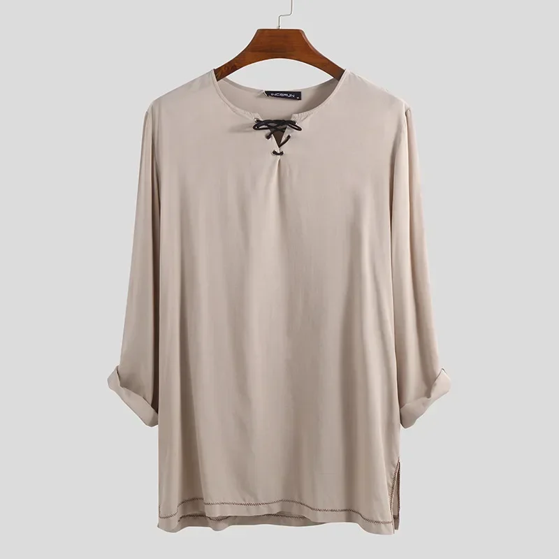 Pop Europe And The United States Men's Retro Solid Color Leisure Cotton Hemp Long Sleeve Arab Youth Street Casual Clothing
