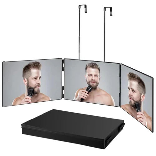 Imagen 2 del producto S Espejo de maquillaje de tocador triple portátil de viaje 360 con gancho telescópico de altura ajustable para cabello espejo Fordable de corte automático