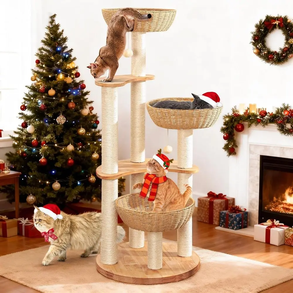

Indoor Cat Tree Tower, Oak Scratching Post for Large Cats, Hand-Woven Luxury Condo, High-End Design Activity Center, Easy to Cle