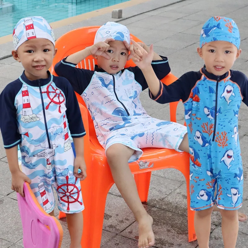 

New Boys' Cartoon One-piece Surfing Suit Quick-drying Middle And Large Children's Baby Suit Shark Beach Boy Swimsuit