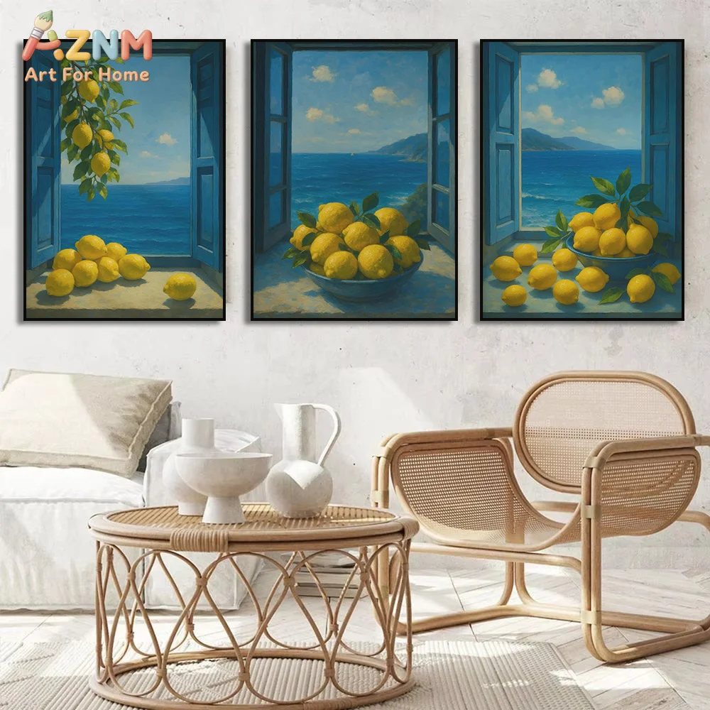 AZNM Mediterranean Lemon Sea View Canvas Wall Art Coastal Window Scenery Print for Summer Home Decor