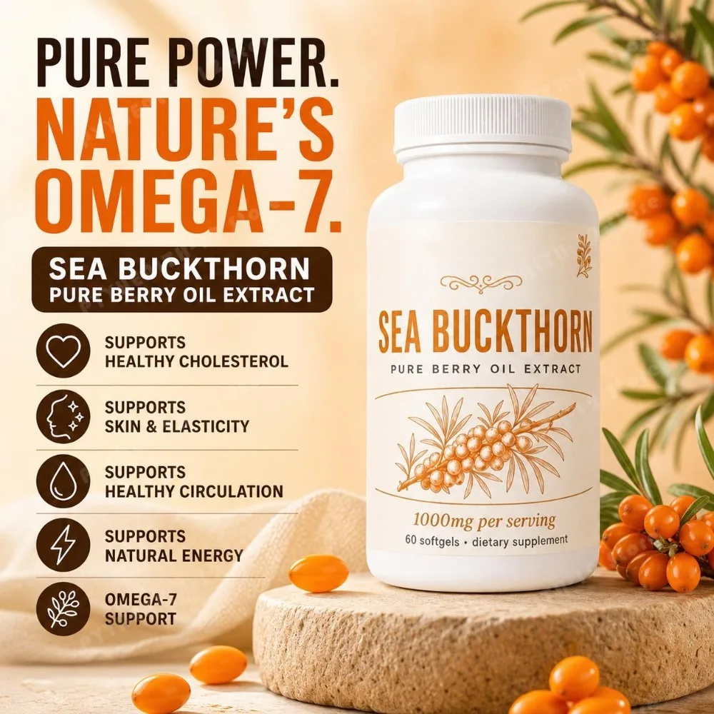 Sea Buckthorn Oil 1000mg Omega-7 Softgels Supports Healthy Cholesterol Skin Elasticity Circulation Antioxidant 60 Capsules