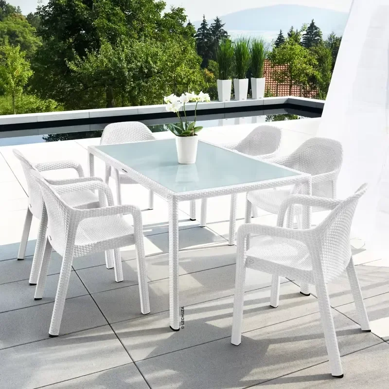 Garden Rattan Wicker Glass Top Dining Table Set 4 6 Stackable Chairs Patio Furniture Garden Set