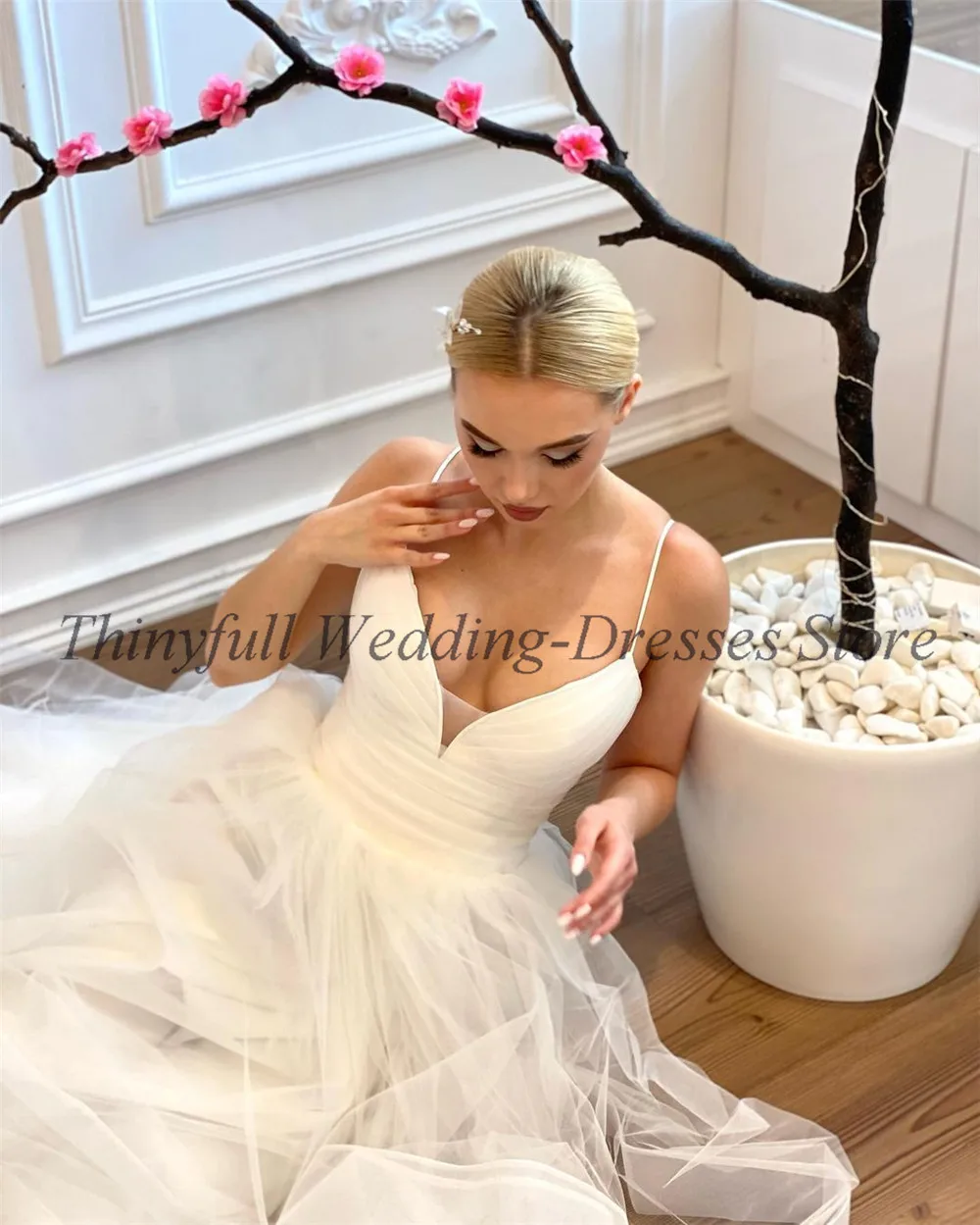 Thinyfull Ivory A Line Ruffles Wedding Dresses Boho Spaghetti Straps Pleats Bride Wedding Party Gowns V-neck Bridal Dress 2022