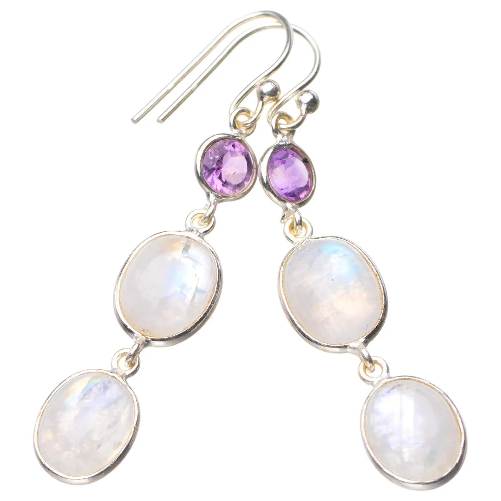 StarGems® Natural Rainbow Moonstone And Amethyst Handmade 925 Sterling Silver Earrings 2