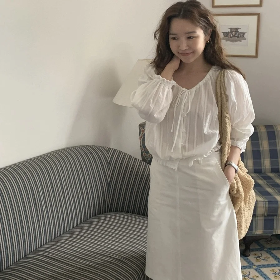 

Sweet T Lace Tie Long Sve irt Top for Women Summer 2025 New Arrival Dearest Baby Sauce Breathable Comfortable Commu...