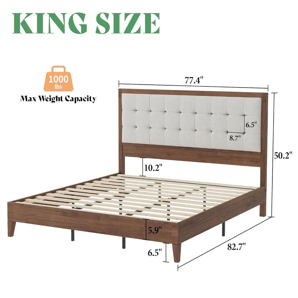 King Wooden Platform Bed Frame Mid-Century No Box Spring Noise-Free Sturdy Breathable King Size, Custom - view 2