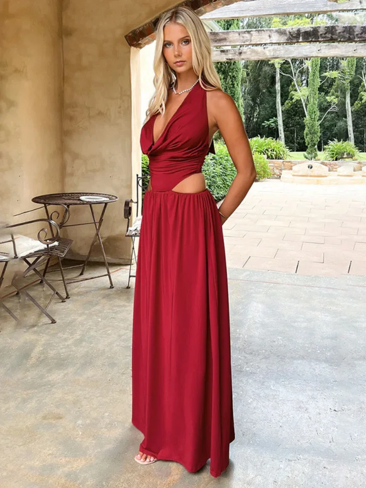 

2025 Sexy Red Lace Dresses Elegant Lady Hollow Out Backless Long Gowns Women's Halter Cropped Sleeveless Beach Holiday Vestidos