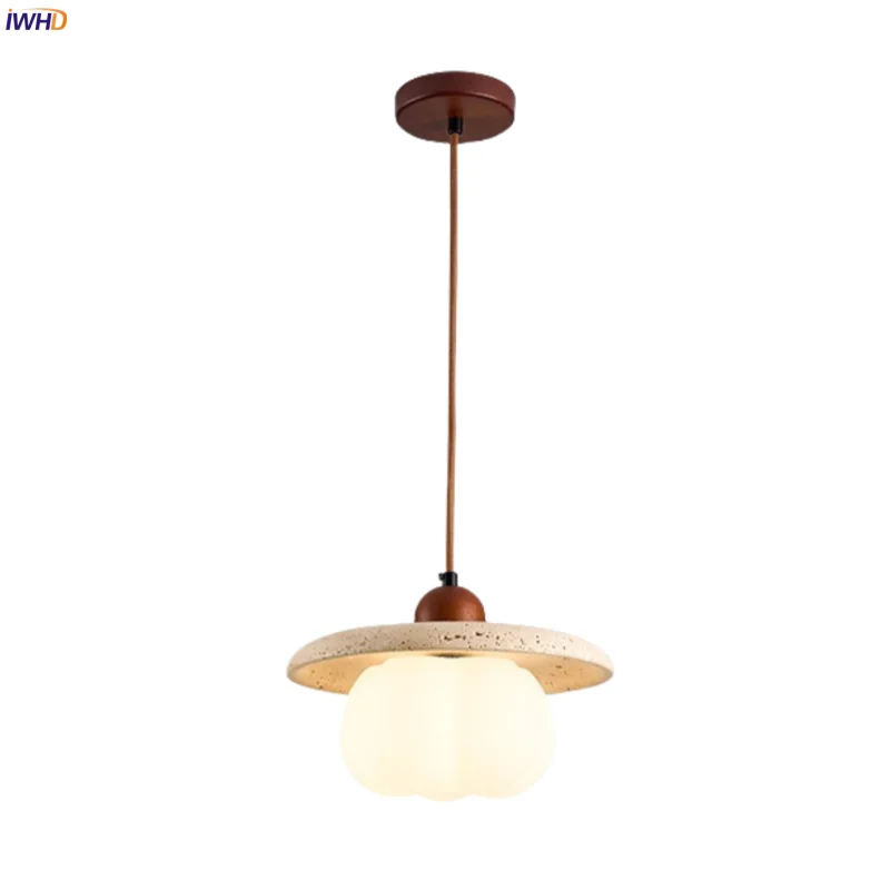 

IWHD Pumpkin Glass Pendant Lights Fixture Kitchen Bedside Living Room Decoration Yellow Travertine Hanging Lamp Lighting Lampara