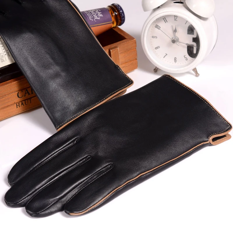 

Touch Screen Gloves Men Winter Male Genuine Leather Brown Edge Inseam Thin Mittens Hombre Driving Riding Slit Business Luvas