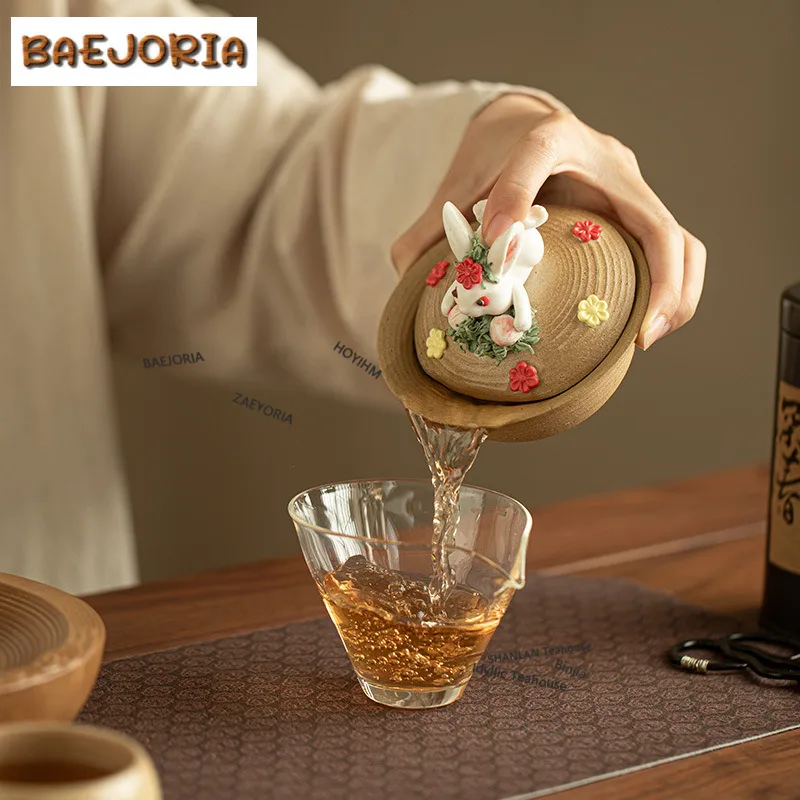 120ml Hand-kneaded Flower Rabbit Gaiwan Traditional Tea Tureen Tea Bowl With Lid Kit Tea Making Cover Bowl Kung Fu Tea Set Gift