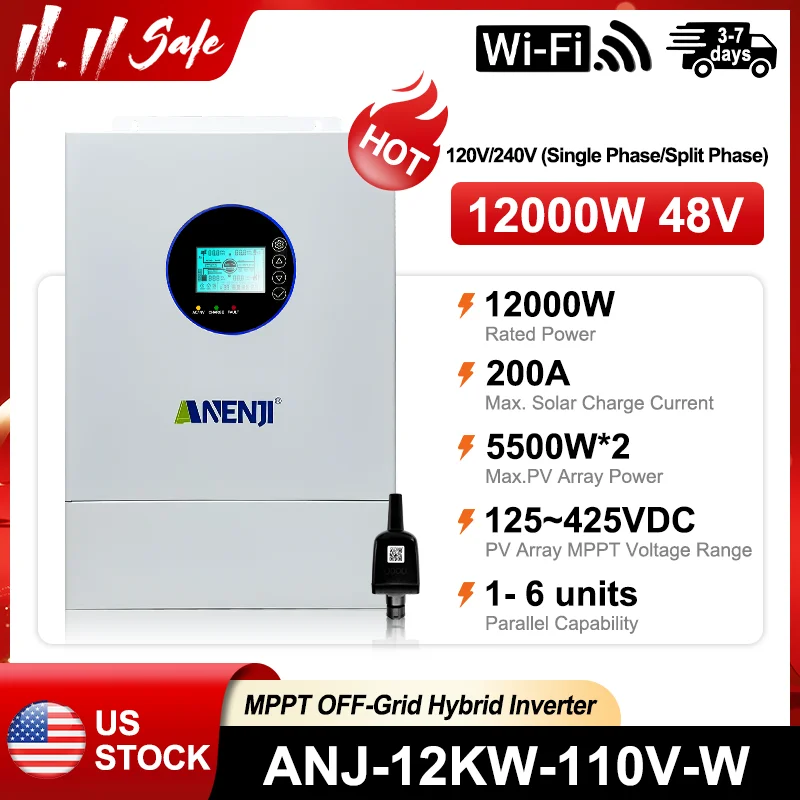 ANENJI 12KW 120V/240VAC Solar Inverter Hybrid 110V Split Phase Parallel 6 Inverter Built-in 2 MPPT Solar Charging Control Solar Systems