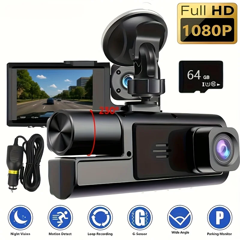 1080P Dual Lens Dash Cam, 720P Rearview, Loop Recording, 24-Hour Parking Monitoring with G-Sensor/Motion Detection Optional 64GB