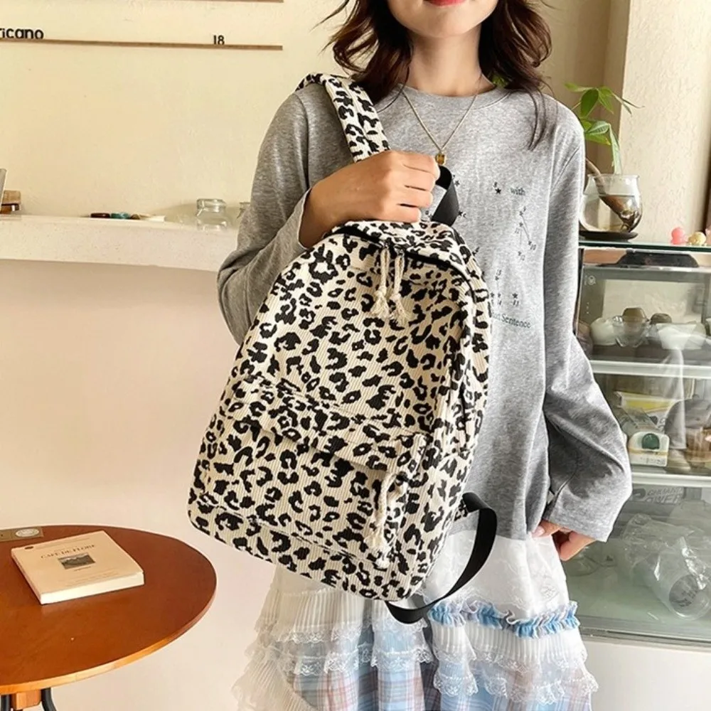 Corduroy Leopard Print Backpack Lightweight Harajuku Students School Bag College Style Korean Style Students Daypack Daily