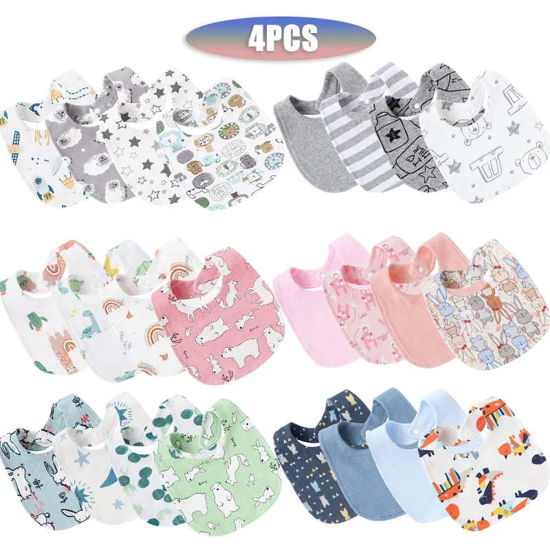 4Pcs/lot Infant Saliva Towel Cute Printed Baby Girls Bibs Double Layer Cotton Saliva Pocket Boys Absorbent Newborn Burp Cloths