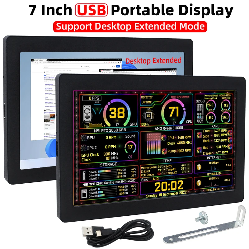 

7 Inch Type-C Sencondary Screen 1024*600 IPS LCD Support Desktop Extended Mode Hardware Info AIDA64 Monitor USB Portable Display