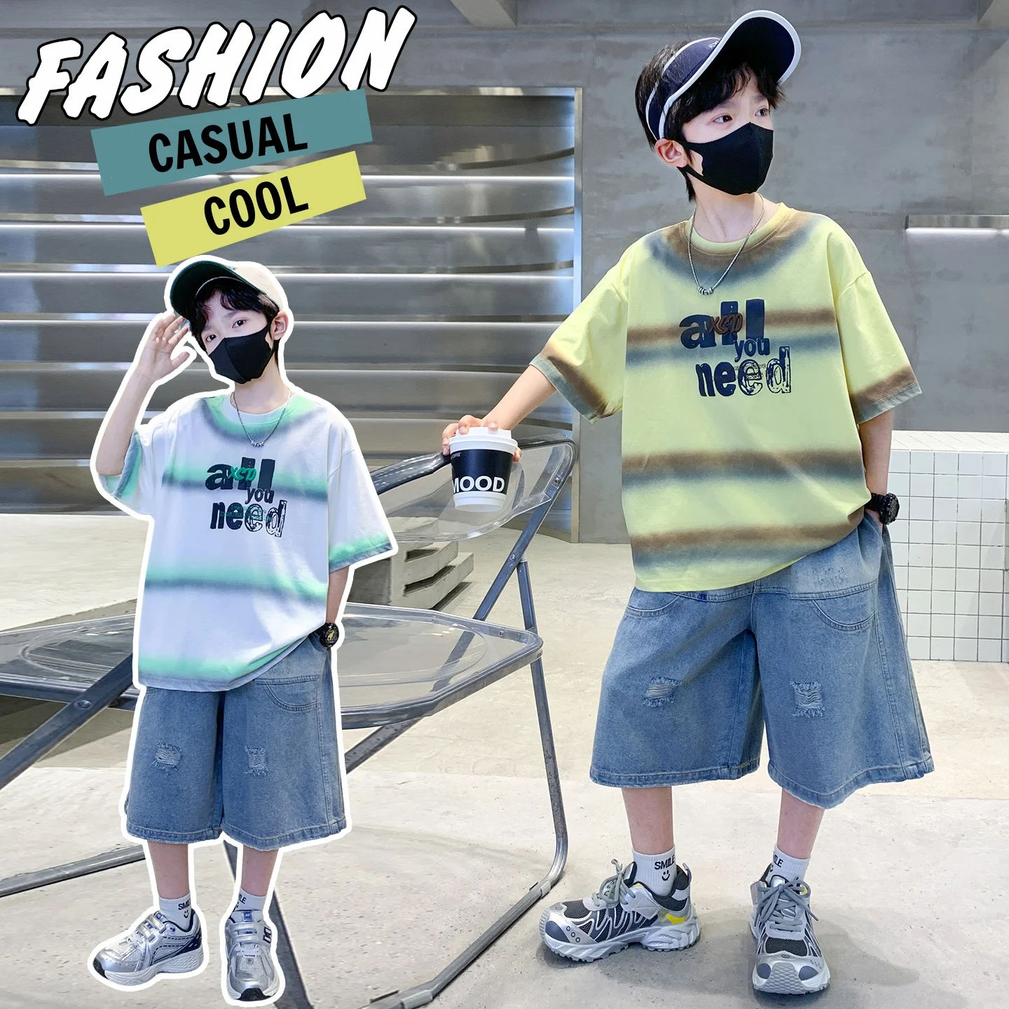 Boys 2 Piece Outfits Tie Dye Striped Letter Print Short Sleeve T Shirt + Ripped Denim Shorts Summer Kids Casual Clothing Set