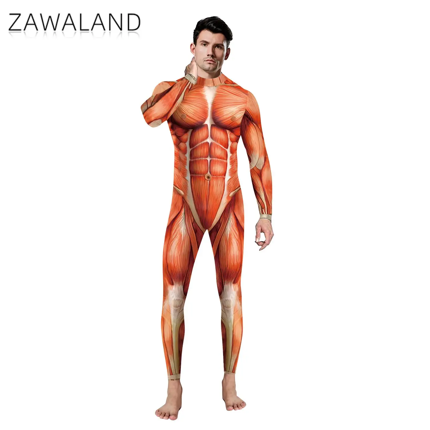 Zawaland Funny Muscle 3D Printing Purim Festival Party Zentai Bodysuit Women's Jumpsuits Halloween Cosplay Costumes for Men