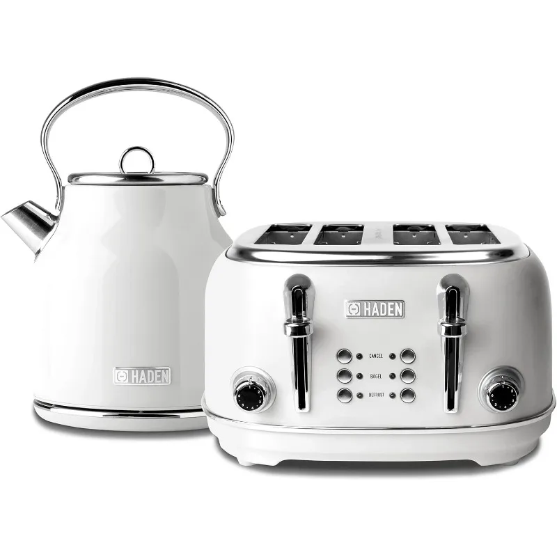 التراث الفولاذ المقاوم للصدأ الجسم الرجعية غلاية الشاي الكهربائية، الأبيض وHaden التراث 4 شرائح واسعة فتحة الفولاذ المقاوم للصدأ محمصة الرجعية