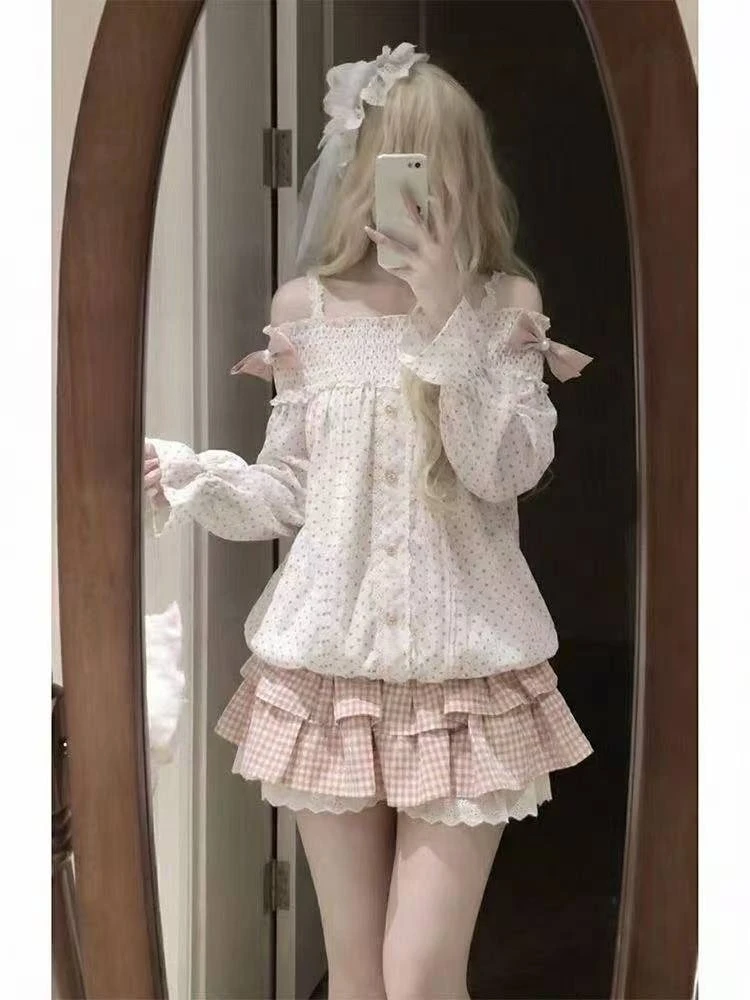 Japanese Retro Sweet Suits Women Lolita Ruffle Tops Bow Mini Skirt 2 Piece Sets Y2k Kawaii Cute Casual Fashion Outwear view 4
