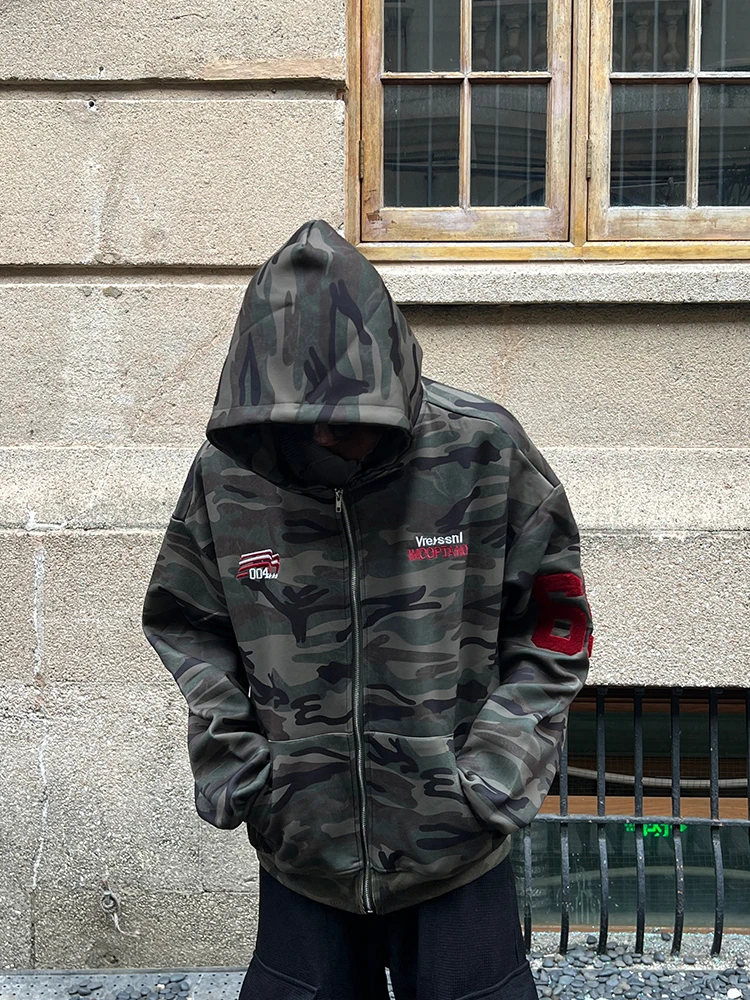 

Camouflage Hooded Open Cardigan Men's Autumn Heavyweight Hip Hop Couple's American Loose Embroidered Jaet Casual Wear