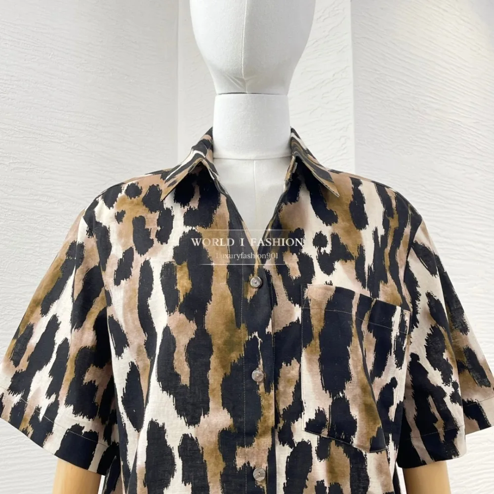 تي شيرت بأكمام قصيرة وطبعة الفهد البني بلوزة علوية 2025 قطن كتان #5