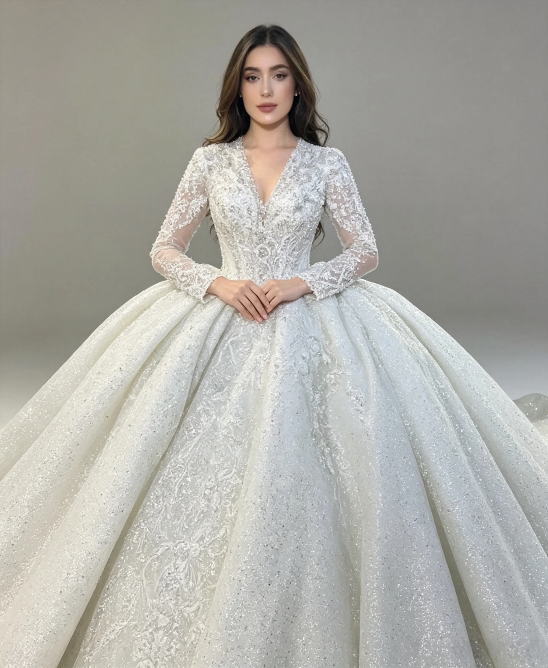 Customized V-Neck Long Sleeve Ball Gown SUMORGUE Wedding Dress with Beadwork Elegant Bridal Gown Vestidos De Novia