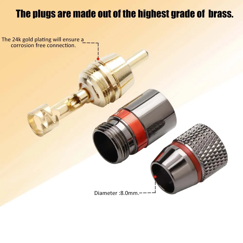 Connecteur RCA en alliage métallique, 4 pièces, vis verrouillée pour soudure, plaqué or, prise mâle RCA, adaptateur Jack pour câble vidéo audio jusqu'à 6mm