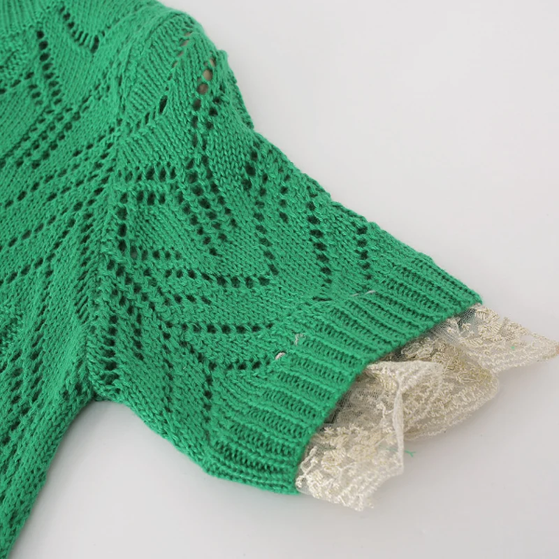 Sequins Crochet Hollow Collision Knit Sweater Loose Short Green Knitwear Tops Autumn/Winter Woman Clothing