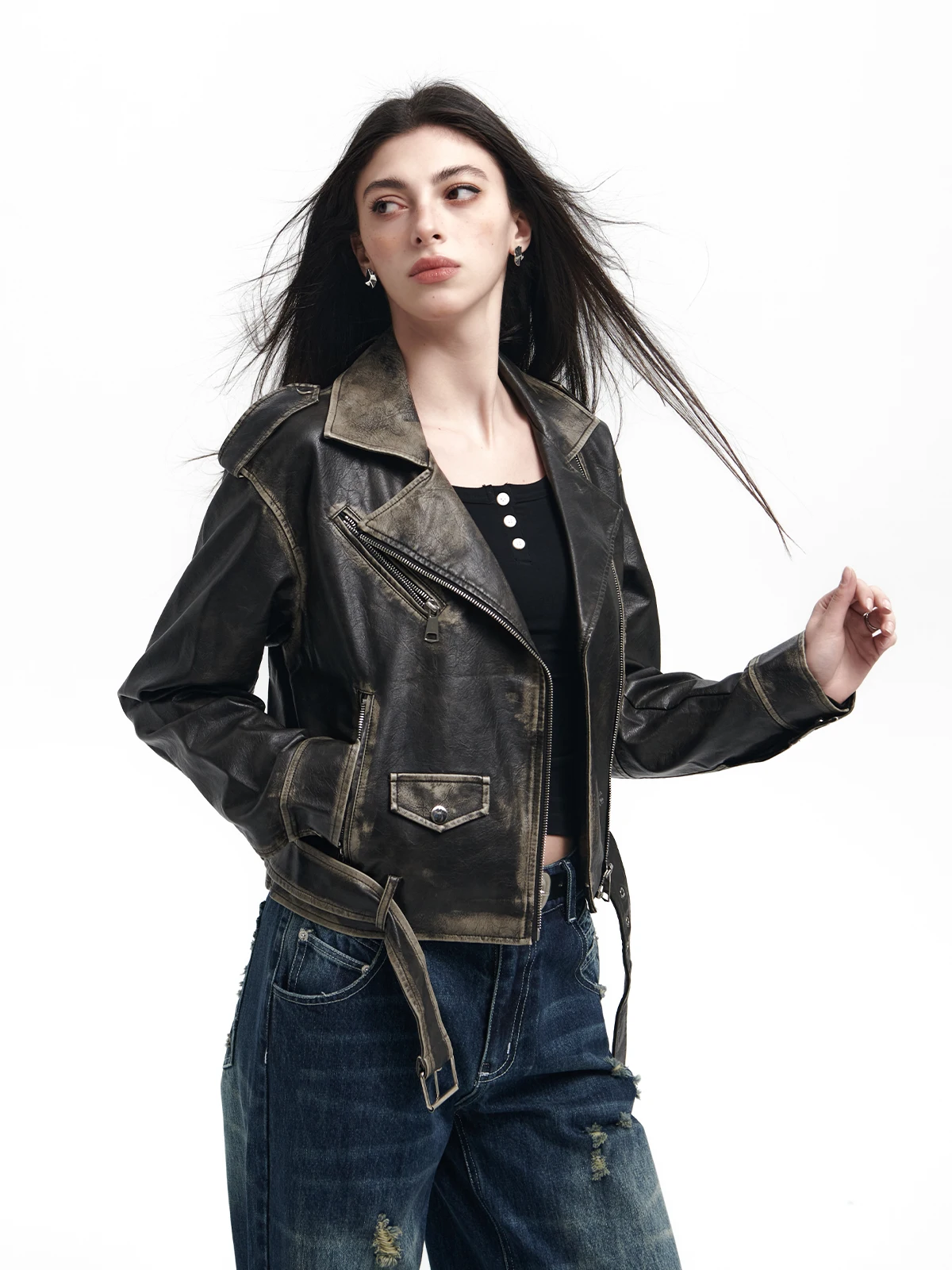 Chaqueta de Motocicta Estilo Americano Vintage Goosfir, Chaqueta de Cuero Retro para Mujer, Estilo Urbano, Cierre de Crema...