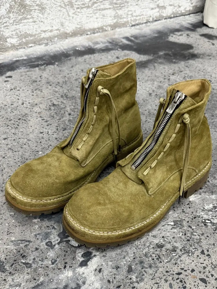 Retro Style Solid Color Genuine Leather Height Increase Zipper Ankle Boots Men Horsehide Round Toe Platform High Top Shoes