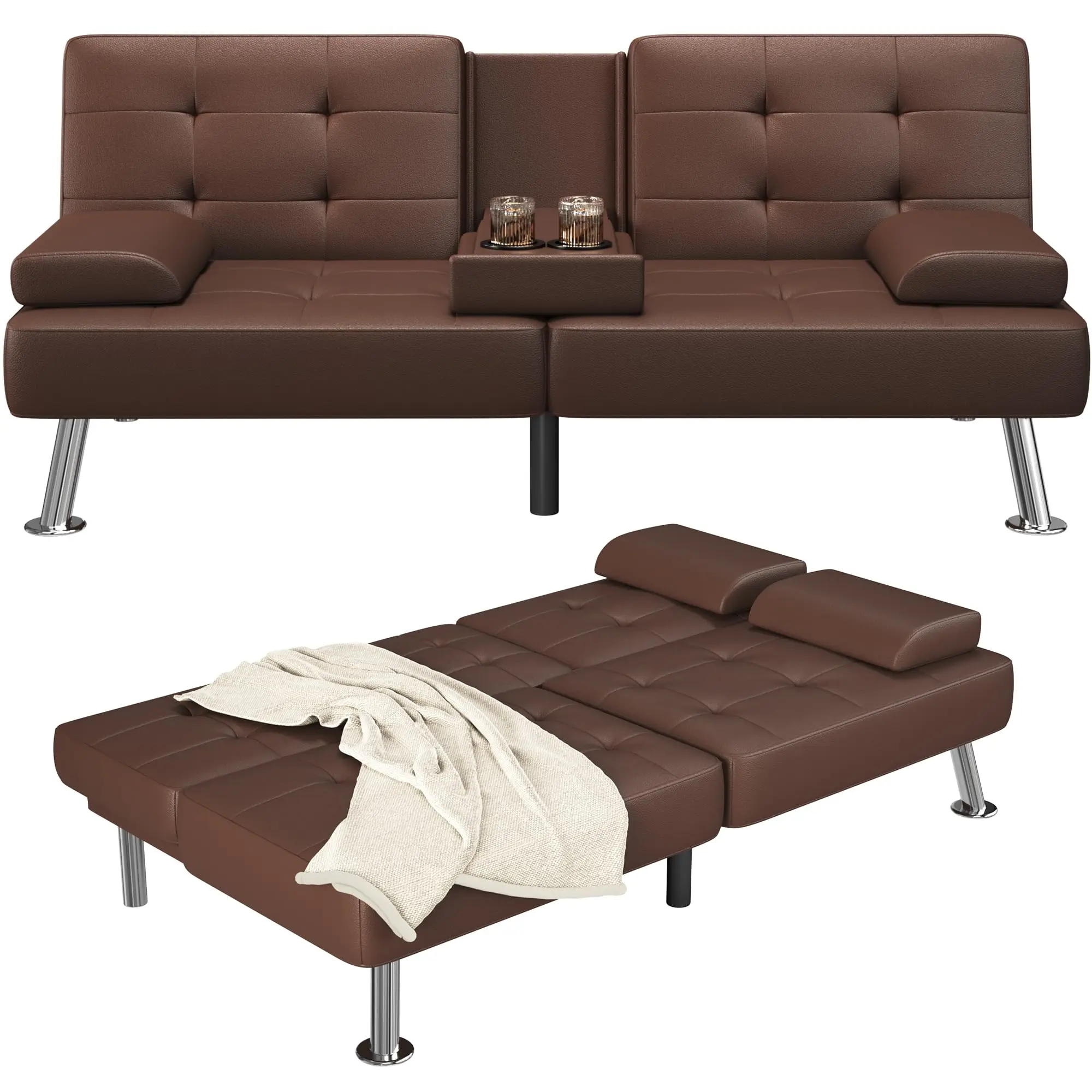 Leather Futon Sofa Bed, Adjustable Futon Couch for Living Room | Sleeper Sofa Bed with 2 Cup Holders, Reclining Futon