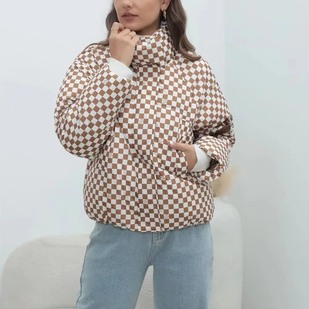 سترة قطن دافئة غير رسمية موضة شتاء جديدة بياقة واقفة وسحاب وأكمام طويلة سترة خبز قصيرة معطف منقوش مطبوع للنساء #2