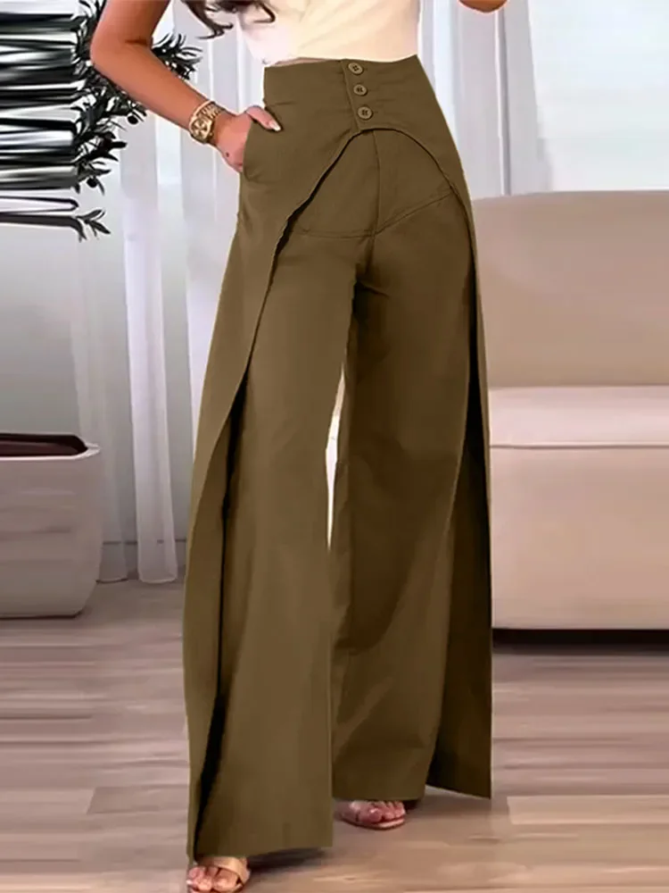 

VONDA Plus Size 5XL Women Wide Leg Long Pants Casual Solid Color Layered Design Trousers Autumn Elegant Office Lady Bottoms