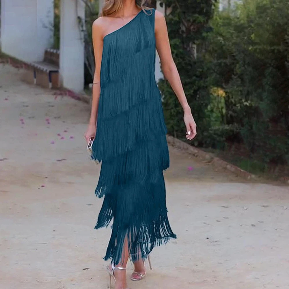 Autumn Outfit Tassel Dress Fashion Party Prom Robe Multi-layer Dress Diagonal Collar Dress Casual Autumn Dress Diagonal Collar