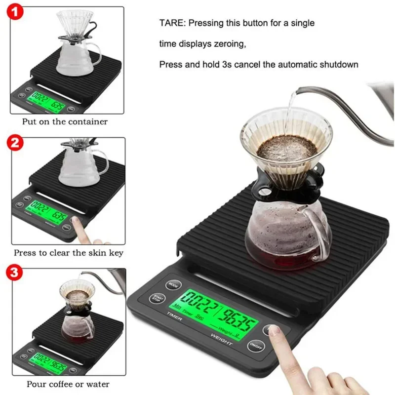 

3kg/5kg x 0.1g High Precision LCD Display Scales Coffee Weighing Drip Coffee Scale with Timer 3000g 5000g Digital Kitchen Scale