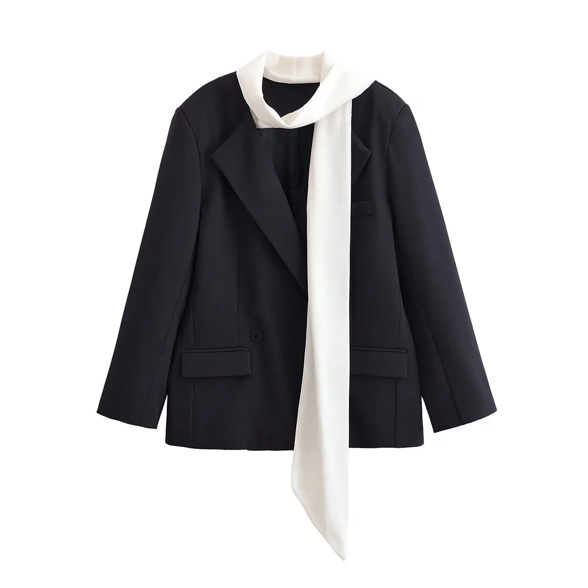 2025 Winter New Women's Casual Fashion Commuting Loose Style Color Block Scarf Long Sleeve Suit Jacket